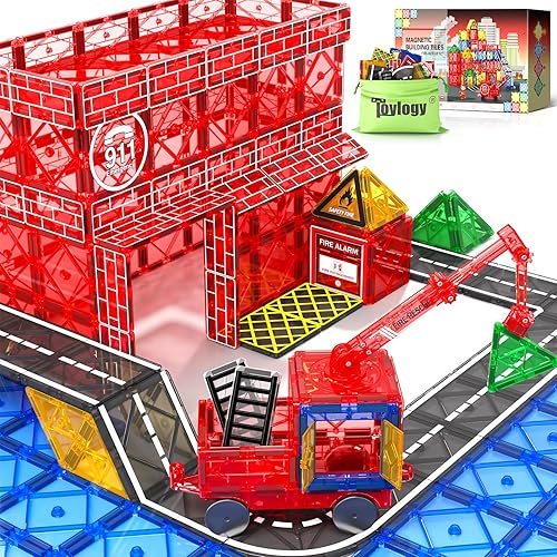 TOYLOGY MAGNETIC TILES ROAD SET WITH CRANE CAR, BUILDING CITY FIRE TOYS FOR BOYS & GIRLS 3-7 YEARS, STEM CONSTRUCTION GAMES, IDEAL GIFTS