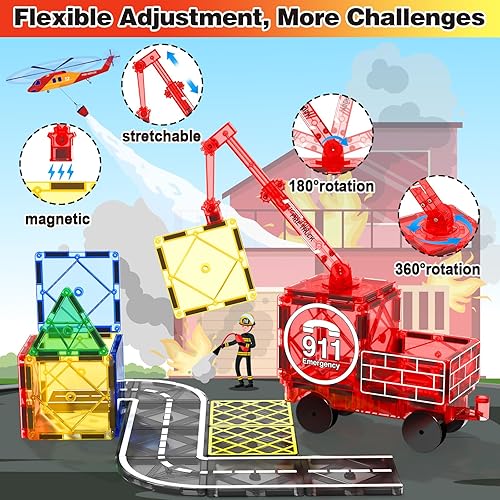 TOYLOGY MAGNETIC TILES ROAD SET WITH CRANE CAR, BUILDING CITY FIRE TOYS FOR BOYS & GIRLS 3-7 YEARS, STEM CONSTRUCTION GAMES, IDEAL GIFTS