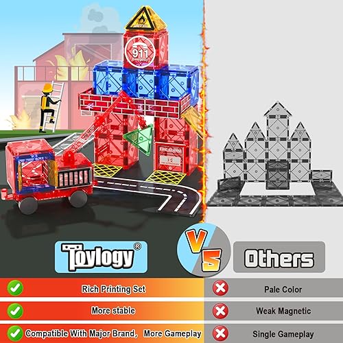 TOYLOGY MAGNETIC TILES ROAD SET WITH CRANE CAR, BUILDING CITY FIRE TOYS FOR BOYS & GIRLS 3-7 YEARS, STEM CONSTRUCTION GAMES, IDEAL GIFTS