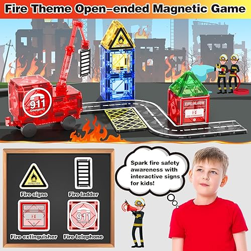TOYLOGY MAGNETIC TILES ROAD SET WITH CRANE CAR, BUILDING CITY FIRE TOYS FOR BOYS & GIRLS 3-7 YEARS, STEM CONSTRUCTION GAMES, IDEAL GIFTS