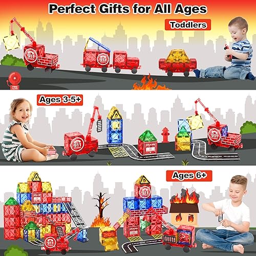 TOYLOGY MAGNETIC TILES ROAD SET WITH CRANE CAR, BUILDING CITY FIRE TOYS FOR BOYS & GIRLS 3-7 YEARS, STEM CONSTRUCTION GAMES, IDEAL GIFTS