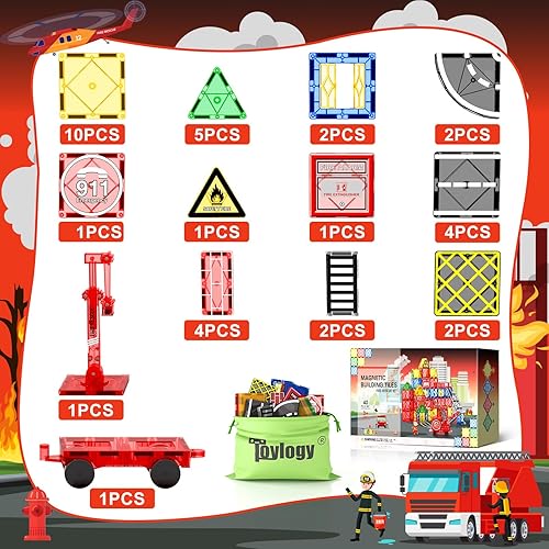 TOYLOGY MAGNETIC TILES ROAD SET WITH CRANE CAR, BUILDING CITY FIRE TOYS FOR BOYS & GIRLS 3-7 YEARS, STEM CONSTRUCTION GAMES, IDEAL GIFTS