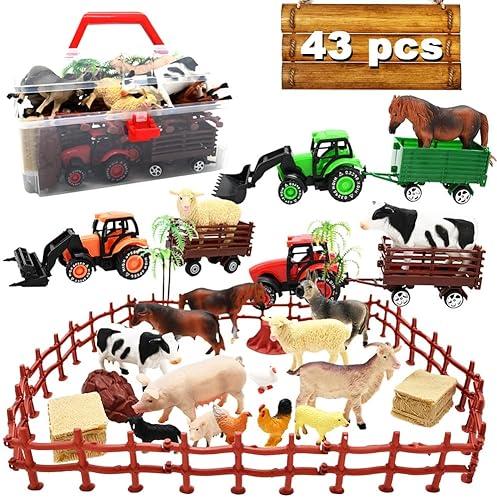 KIMICARE FARM TOY TRACTOR SET WITH 40 PLASTIC ANIMALS AND FENCE - IDEAL FOR KIDS 3-12 YEARS