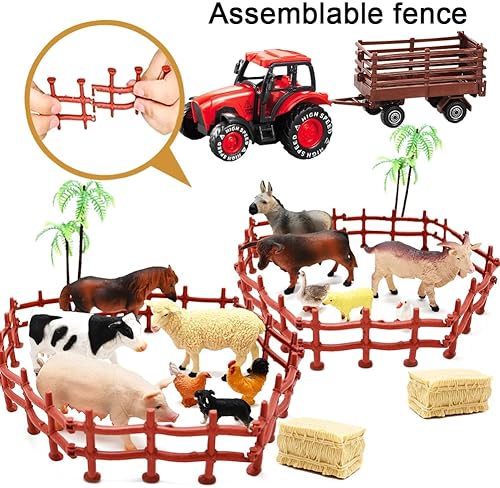 KIMICARE FARM TOY TRACTOR SET WITH 40 PLASTIC ANIMALS AND FENCE - IDEAL FOR KIDS 3-12 YEARS