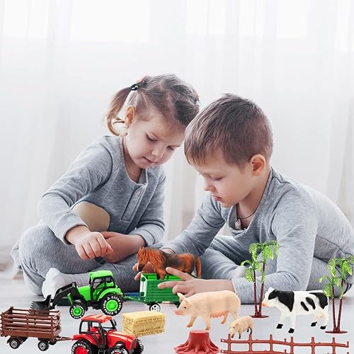 KIMICARE FARM TOY TRACTOR SET WITH 40 PLASTIC ANIMALS AND FENCE - IDEAL FOR KIDS 3-12 YEARS