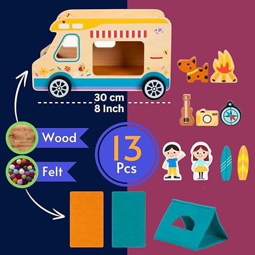 Montessori Wooden RV Toy Set for Toddlers 1-3, 13PC Camper Playset with Figures & Accessories"