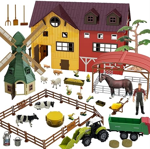 Peagprav 140-Piece Farm Animals Toy Set for Kids 3-7 Years Old - Barn, Horse Stable, Tractor, Windmill, Fence Playset