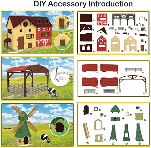 Peagprav 140-Piece Farm Animals Toy Set for Kids 3-7 Years Old - Barn, Horse Stable, Tractor, Windmill, Fence Playset
