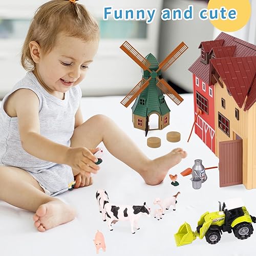 Peagprav 140-Piece Farm Animals Toy Set for Kids 3-7 Years Old - Barn, Horse Stable, Tractor, Windmill, Fence Playset
