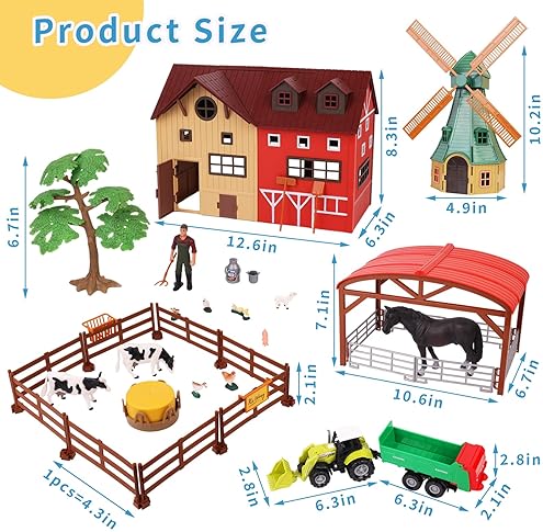 Peagprav 140-Piece Farm Animals Toy Set for Kids 3-7 Years Old - Barn, Horse Stable, Tractor, Windmill, Fence Playset