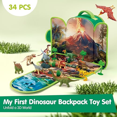 COCO&Friends Dinosaur Backpack Play Set - Portable 3D Mat for Prehistoric Play - Open-Ended Toys for Kids 3-5