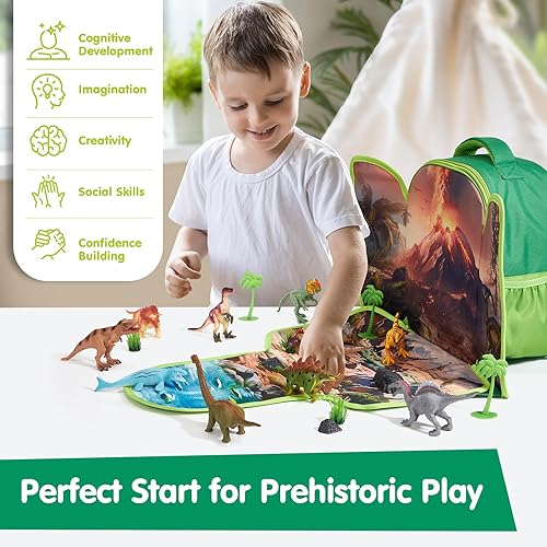COCO&Friends Dinosaur Backpack Play Set - Portable 3D Mat for Prehistoric Play - Open-Ended Toys for Kids 3-5
