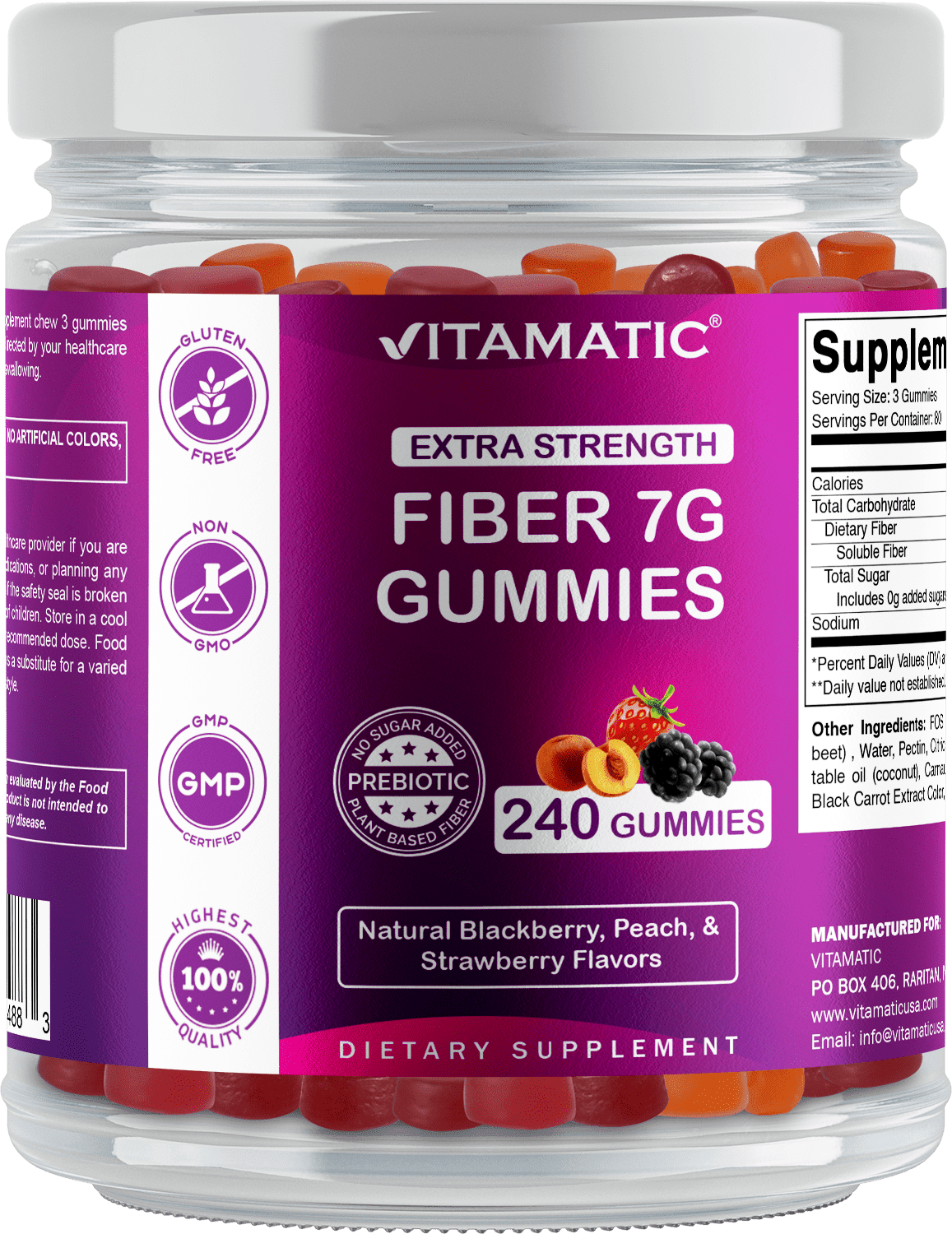 Vitamatic Prebiotic Fiber Gummies - 240 Pectin Based Gummies for Digestive Health