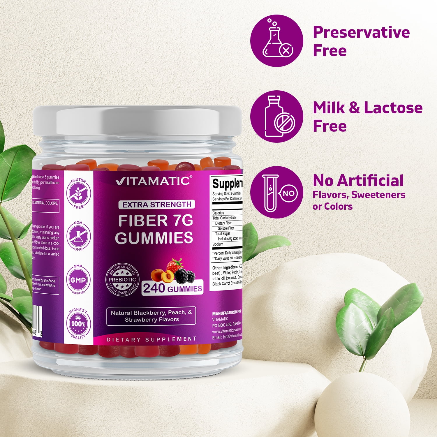 Vitamatic Prebiotic Fiber Gummies - 240 Pectin Based Gummies for Digestive Health