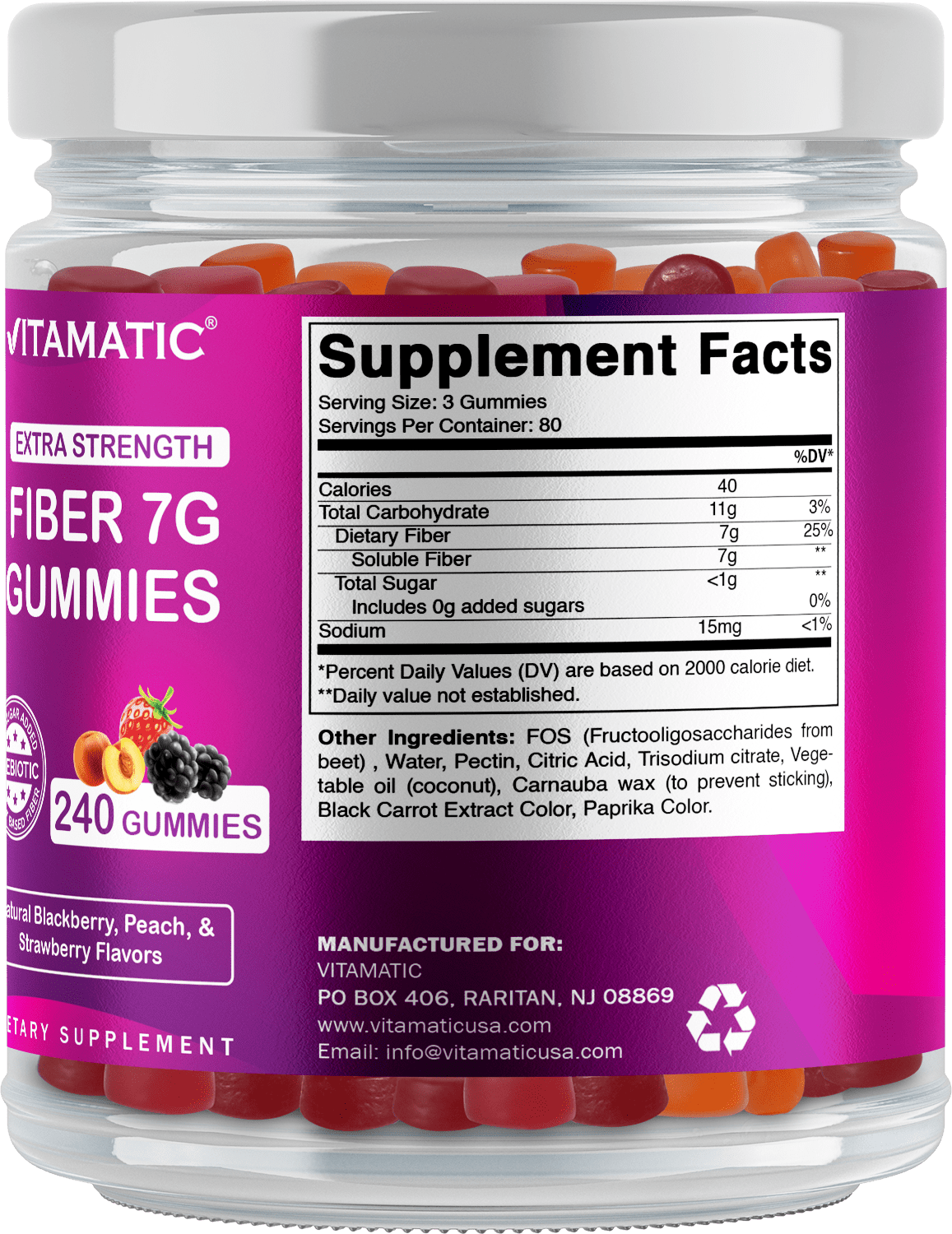 Vitamatic Prebiotic Fiber Gummies - 240 Pectin Based Gummies for Digestive Health