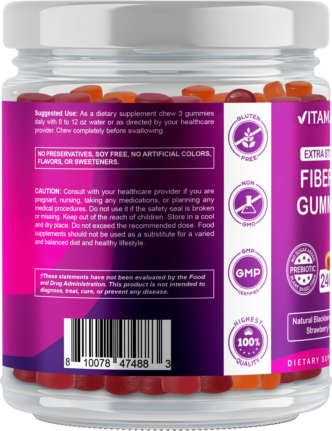 Vitamatic Prebiotic Fiber Gummies - 240 Pectin Based Gummies for Digestive Health