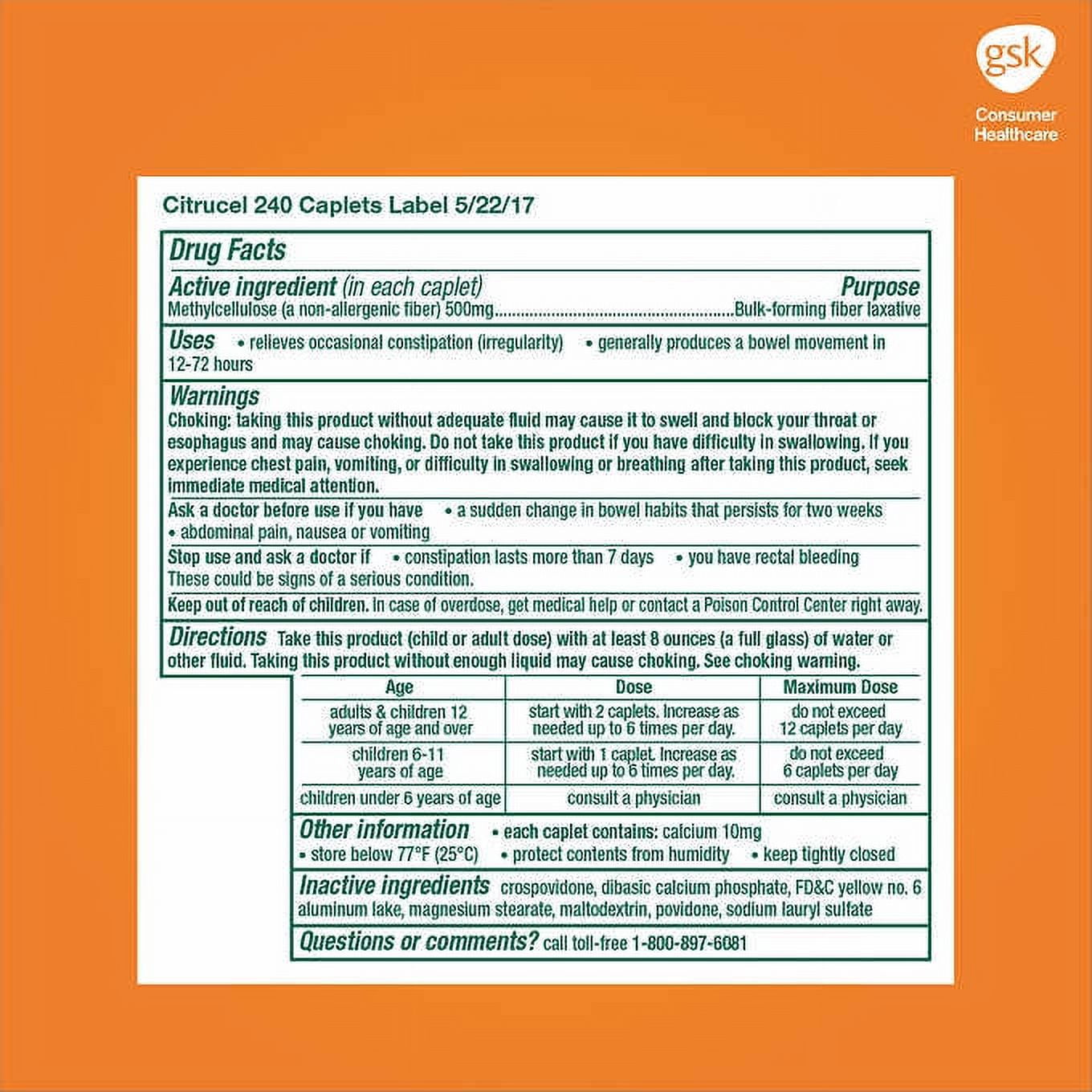 Citrucel Methylcellulose Fiber Supplement - 240 Caplets for Digestive Health