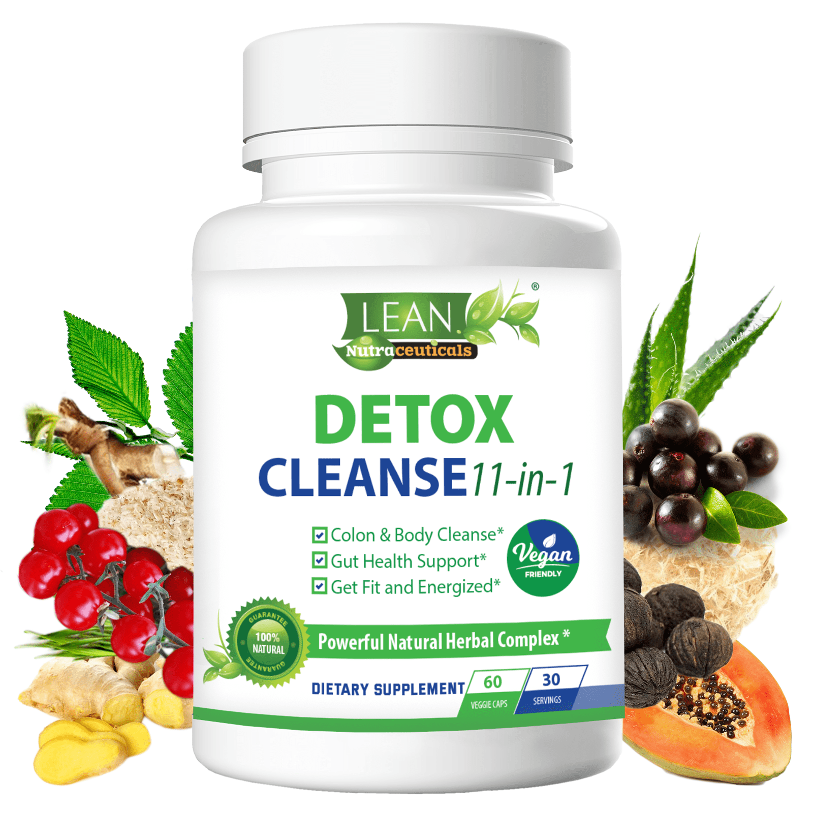 Lean Vegan Detox Cleanse for Gut Health Support, 11-in-1 Formula with Psyllium Husk, Aloe & Ginger - 30 Day Supply