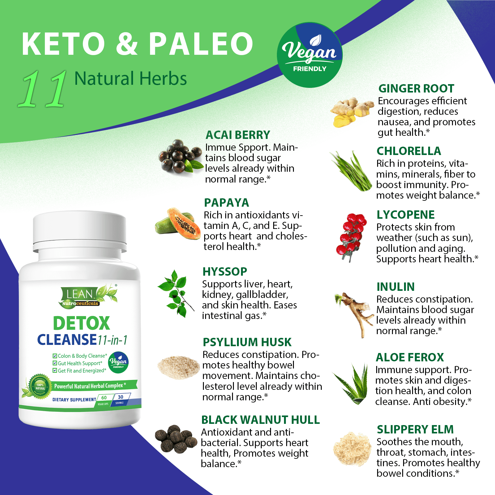 Lean Vegan Detox Cleanse for Gut Health Support, 11-in-1 Formula with Psyllium Husk, Aloe & Ginger - 30 Day Supply
