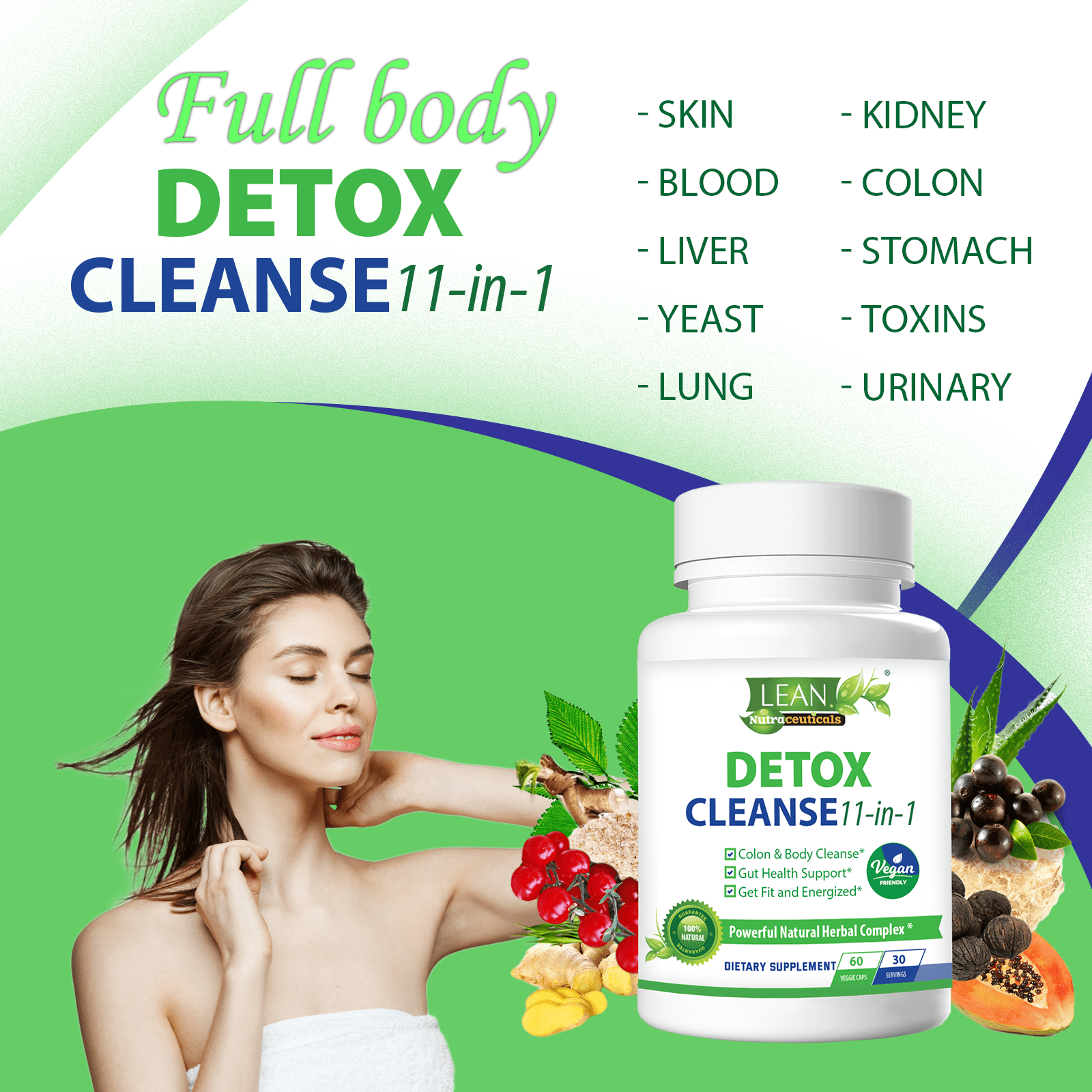 Lean Vegan Detox Cleanse for Gut Health Support, 11-in-1 Formula with Psyllium Husk, Aloe & Ginger - 30 Day Supply