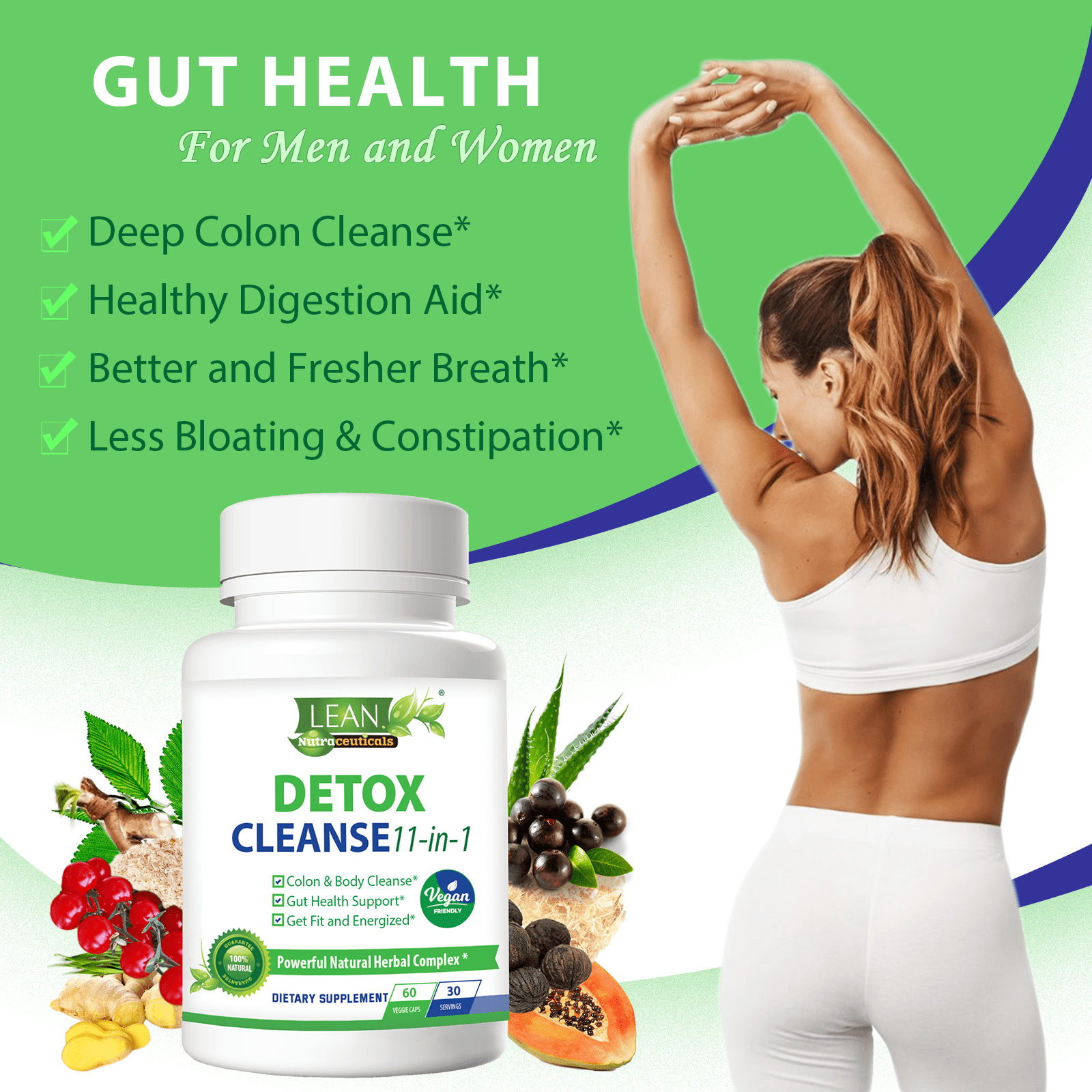Lean Vegan Detox Cleanse for Gut Health Support, 11-in-1 Formula with Psyllium Husk, Aloe & Ginger - 30 Day Supply