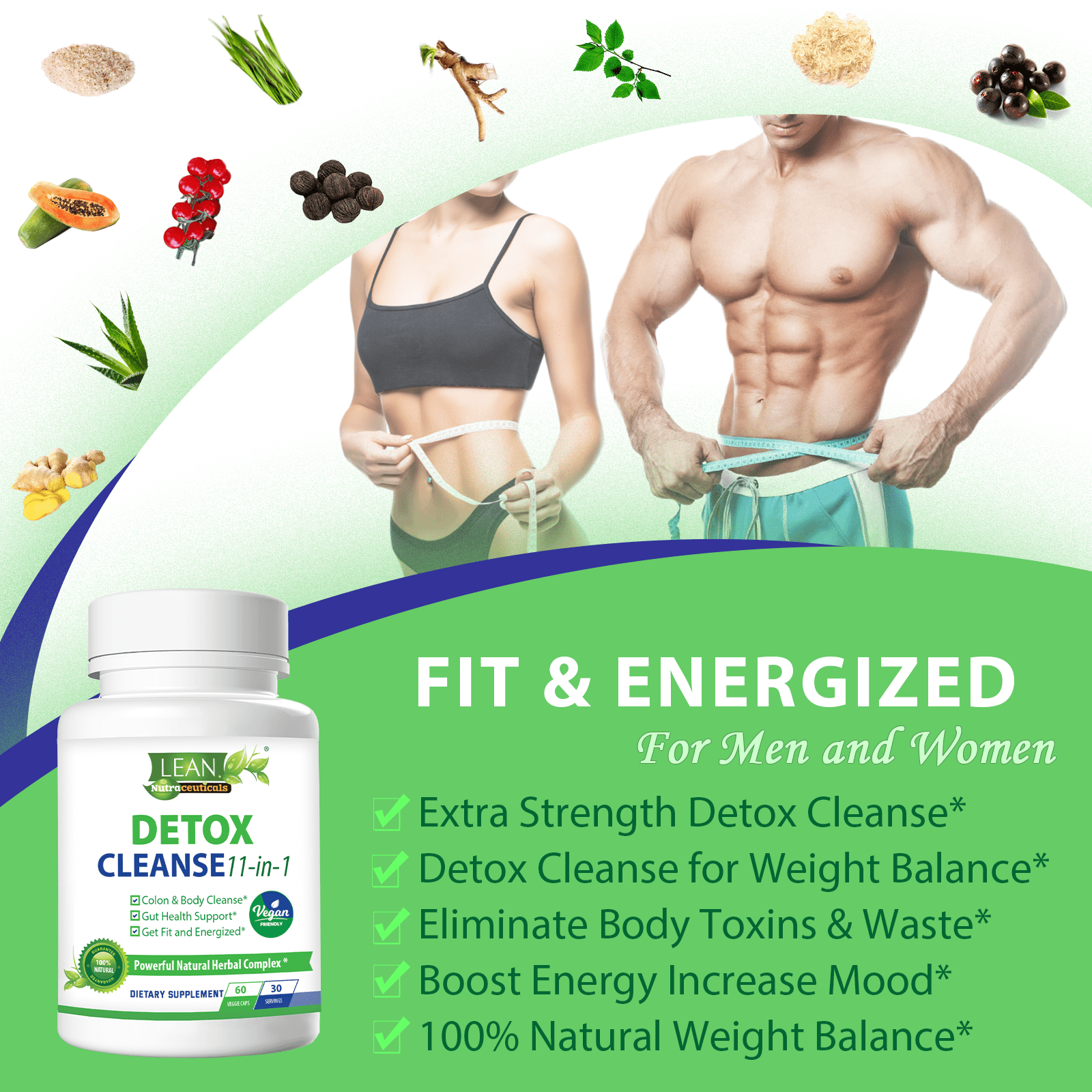 Lean Vegan Detox Cleanse for Gut Health Support, 11-in-1 Formula with Psyllium Husk, Aloe & Ginger - 30 Day Supply