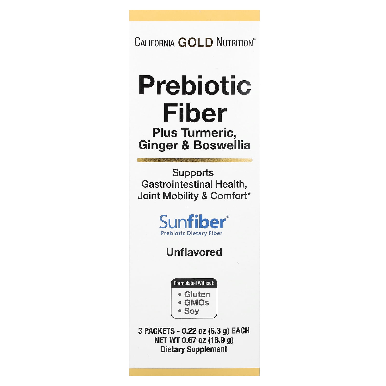 CALIFORNIA GOLD NUTRITION PREBIOTIC FIBER WITH TURMERIC, GINGER & BOSWELLIA EXTRACTS, 3 PACKETS, 0.22 OZ EACH