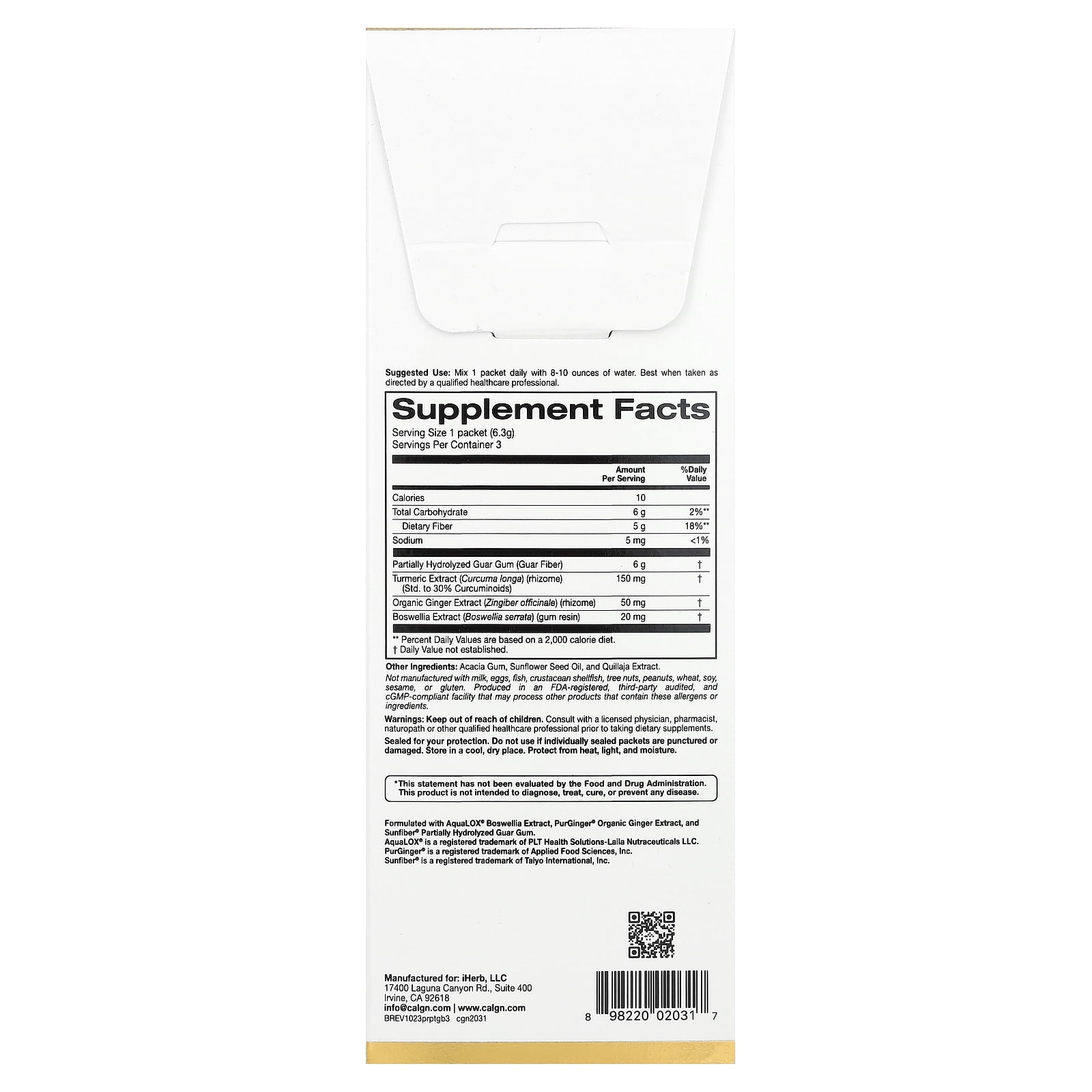 CALIFORNIA GOLD NUTRITION PREBIOTIC FIBER WITH TURMERIC, GINGER & BOSWELLIA EXTRACTS, 3 PACKETS, 0.22 OZ EACH