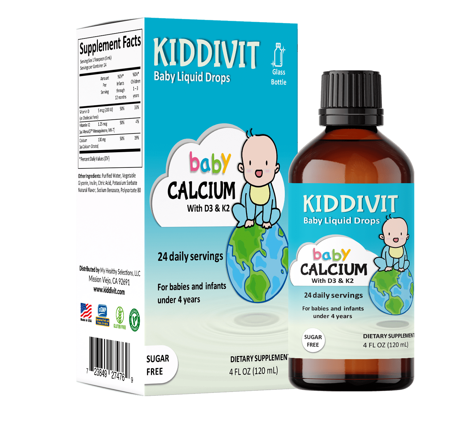 KIDDIVIT BABY CALCIUM LIQUID DROPS WITH VITAMIN D3 & K2 - 24 SERVINGS - INULIN FORTIFIED - SUGAR-FREE, GLUTEN-FREE, VEGETARIAN