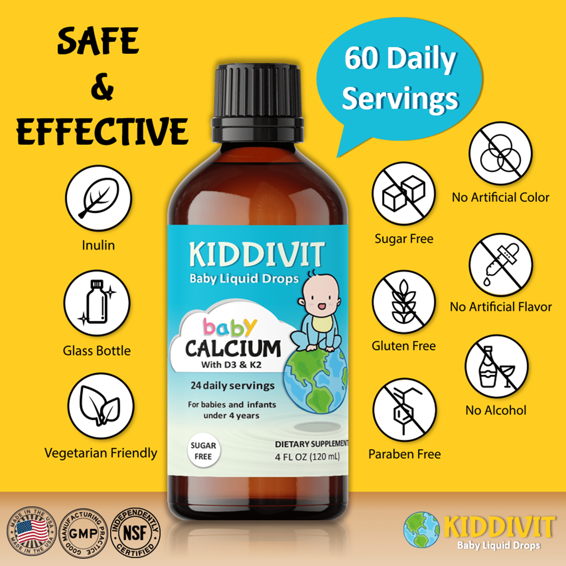 KIDDIVIT BABY CALCIUM LIQUID DROPS WITH VITAMIN D3 & K2 - 24 SERVINGS - INULIN FORTIFIED - SUGAR-FREE, GLUTEN-FREE, VEGETARIAN