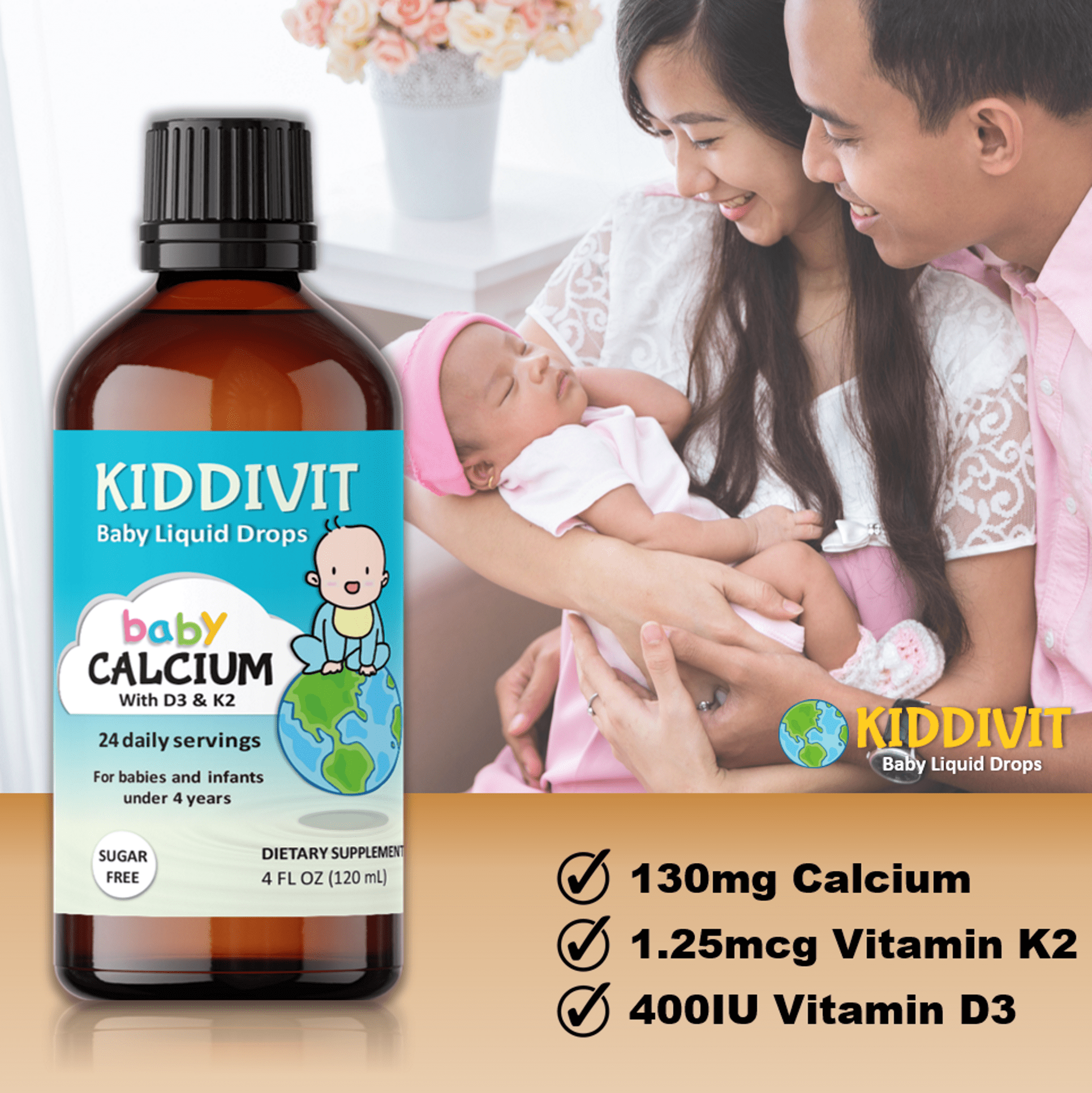 KIDDIVIT BABY CALCIUM LIQUID DROPS WITH VITAMIN D3 & K2 - 24 SERVINGS - INULIN FORTIFIED - SUGAR-FREE, GLUTEN-FREE, VEGETARIAN