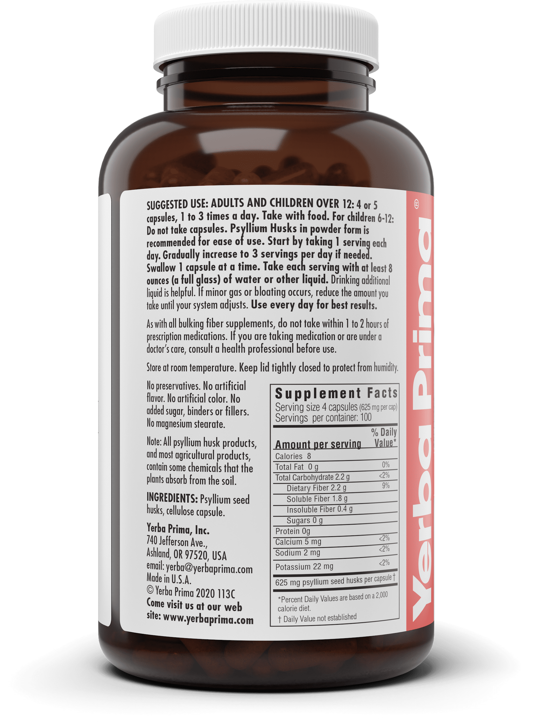 YERBA PRIMA PSYLLIUM HUSK VEG CAPSULES, 400 CT (625MG) - COLON CLEANSE, FIBER SUPPLEMENT