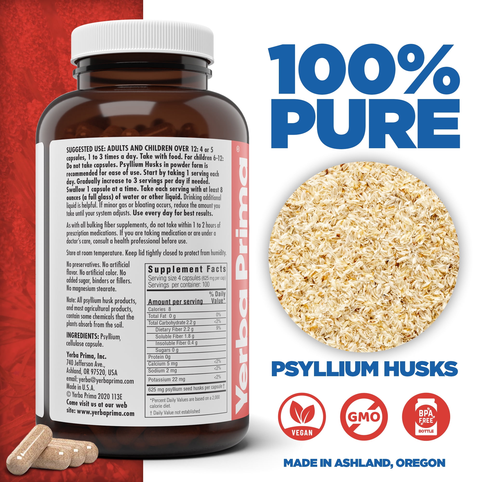 YERBA PRIMA PSYLLIUM HUSK VEG CAPSULES, 400 CT (625MG) - COLON CLEANSE, FIBER SUPPLEMENT