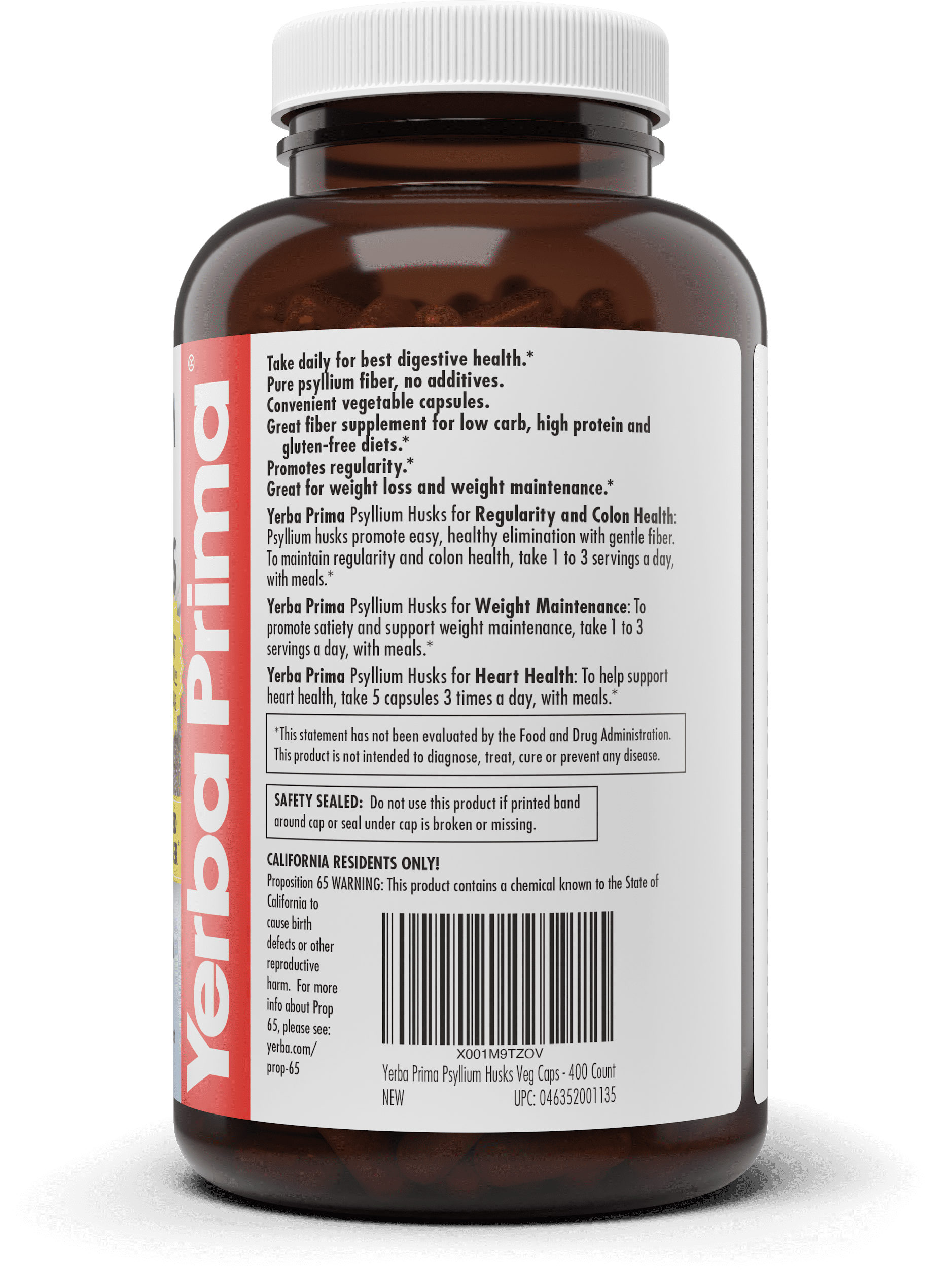 YERBA PRIMA PSYLLIUM HUSK VEG CAPSULES, 400 CT (625MG) - COLON CLEANSE, FIBER SUPPLEMENT