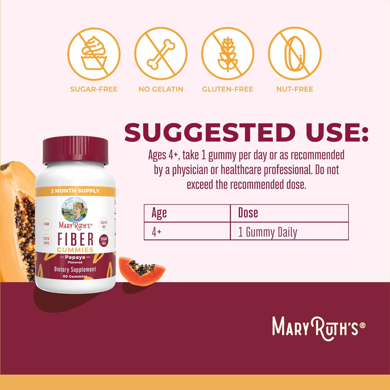 MaryRuth's Papaya Fiber Gummies for Adults, Vegan & Non-GMO - 60 Count