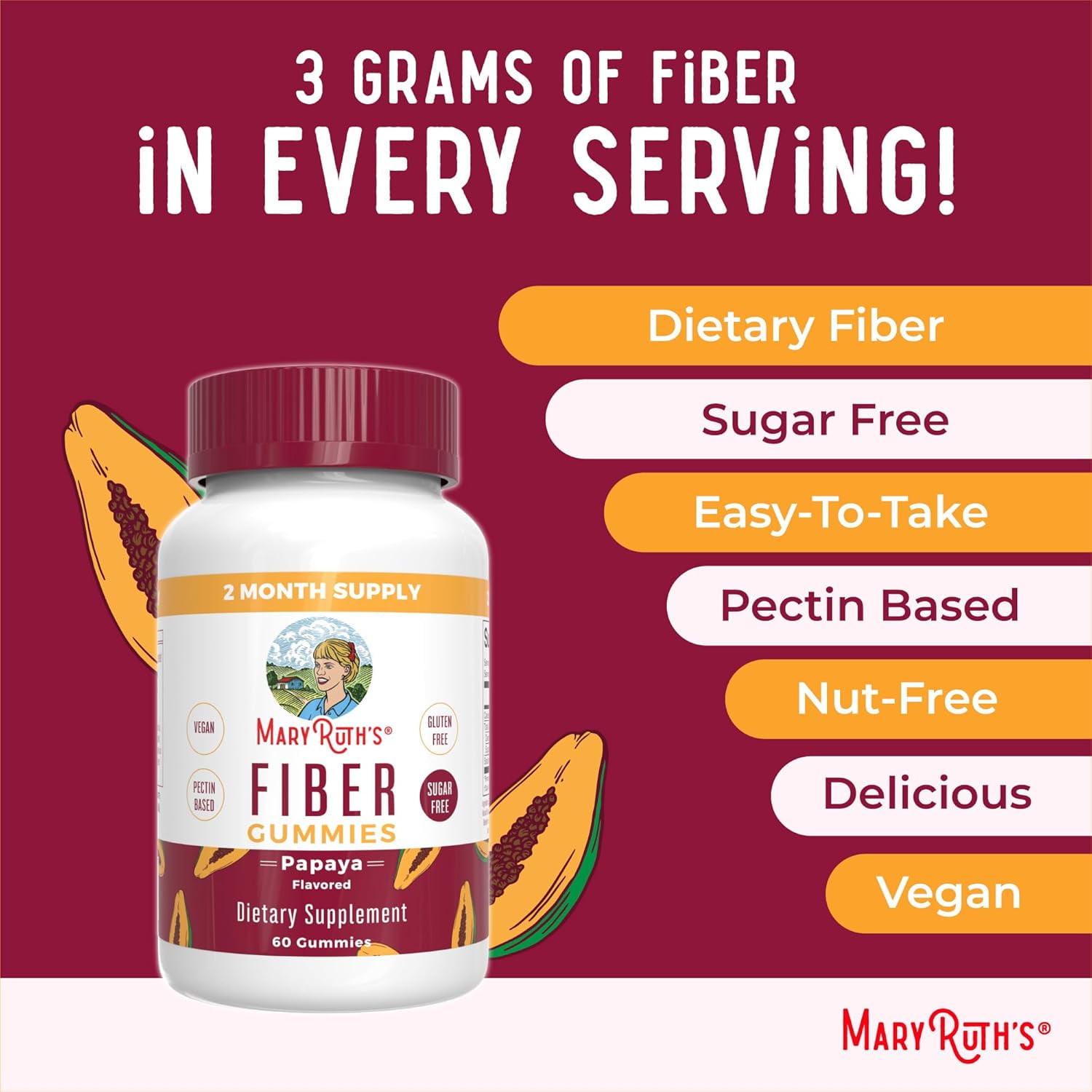 MaryRuth's Papaya Fiber Gummies for Adults, Vegan & Non-GMO - 60 Count