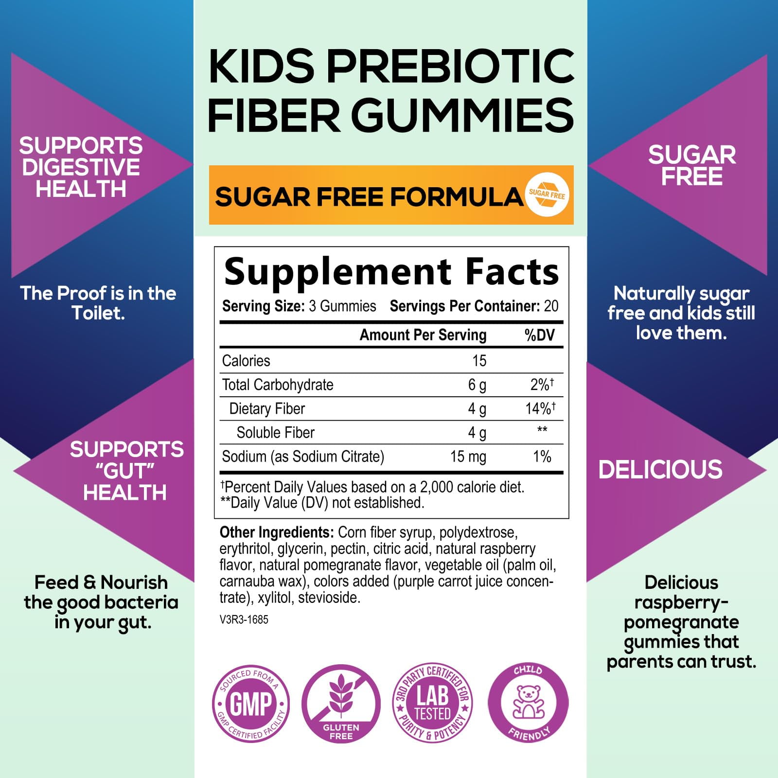 Nature's Nutrition Vegan Raspberry Kids Fiber Gummies with Prebiotic Plant-Based Blend - 60 Gummies
