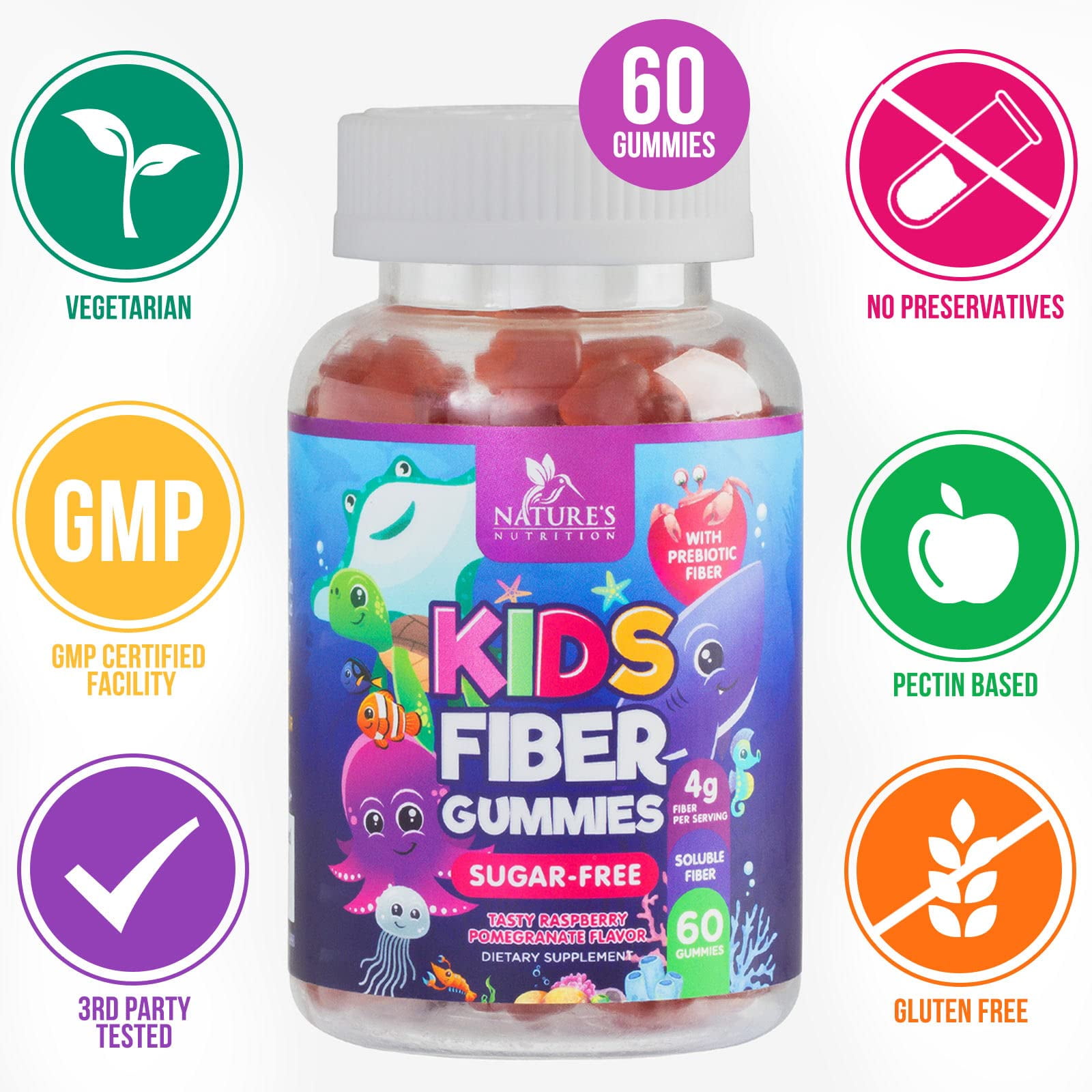 Nature's Nutrition Vegan Raspberry Kids Fiber Gummies with Prebiotic Plant-Based Blend - 60 Gummies
