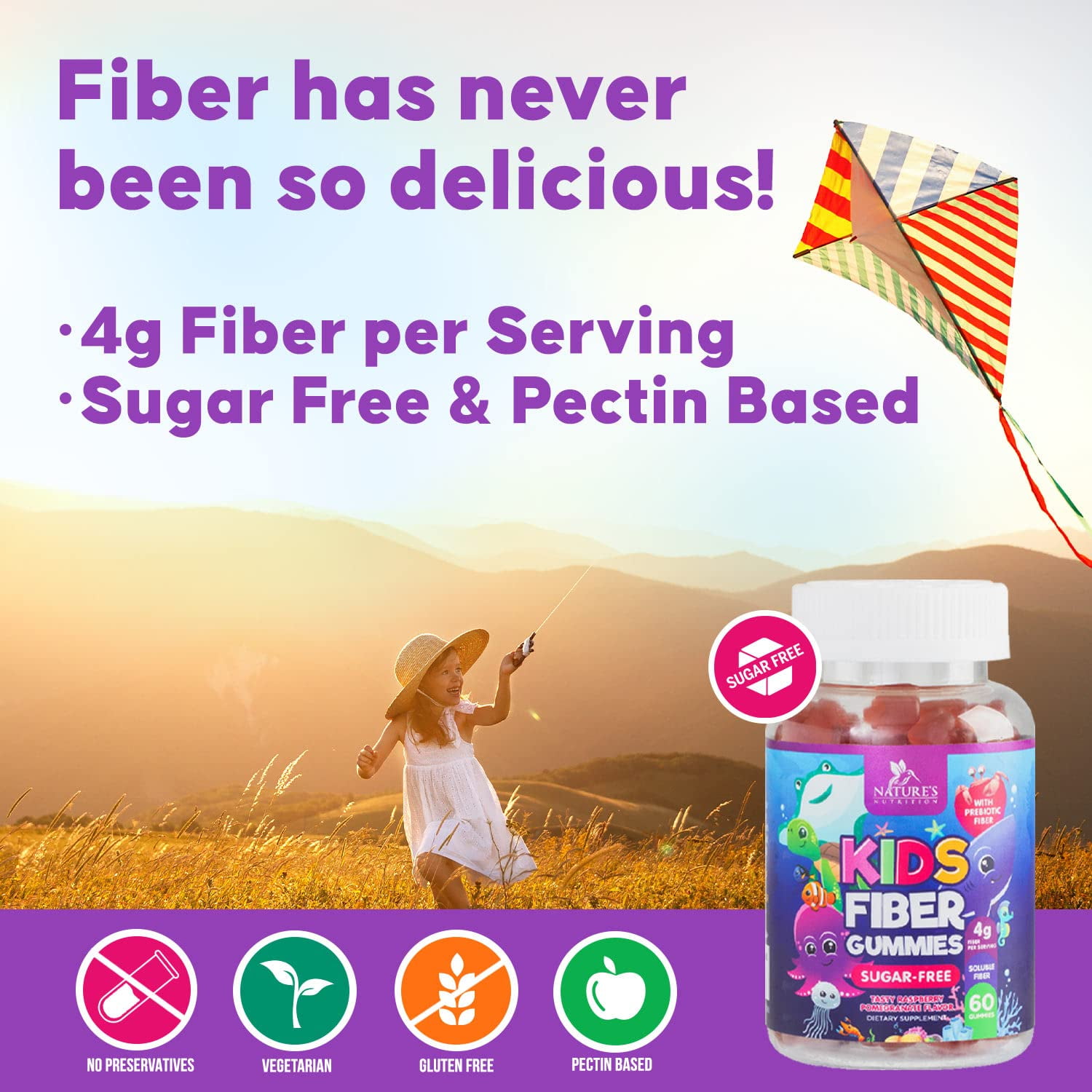 Nature's Nutrition Vegan Raspberry Kids Fiber Gummies with Prebiotic Plant-Based Blend - 60 Gummies