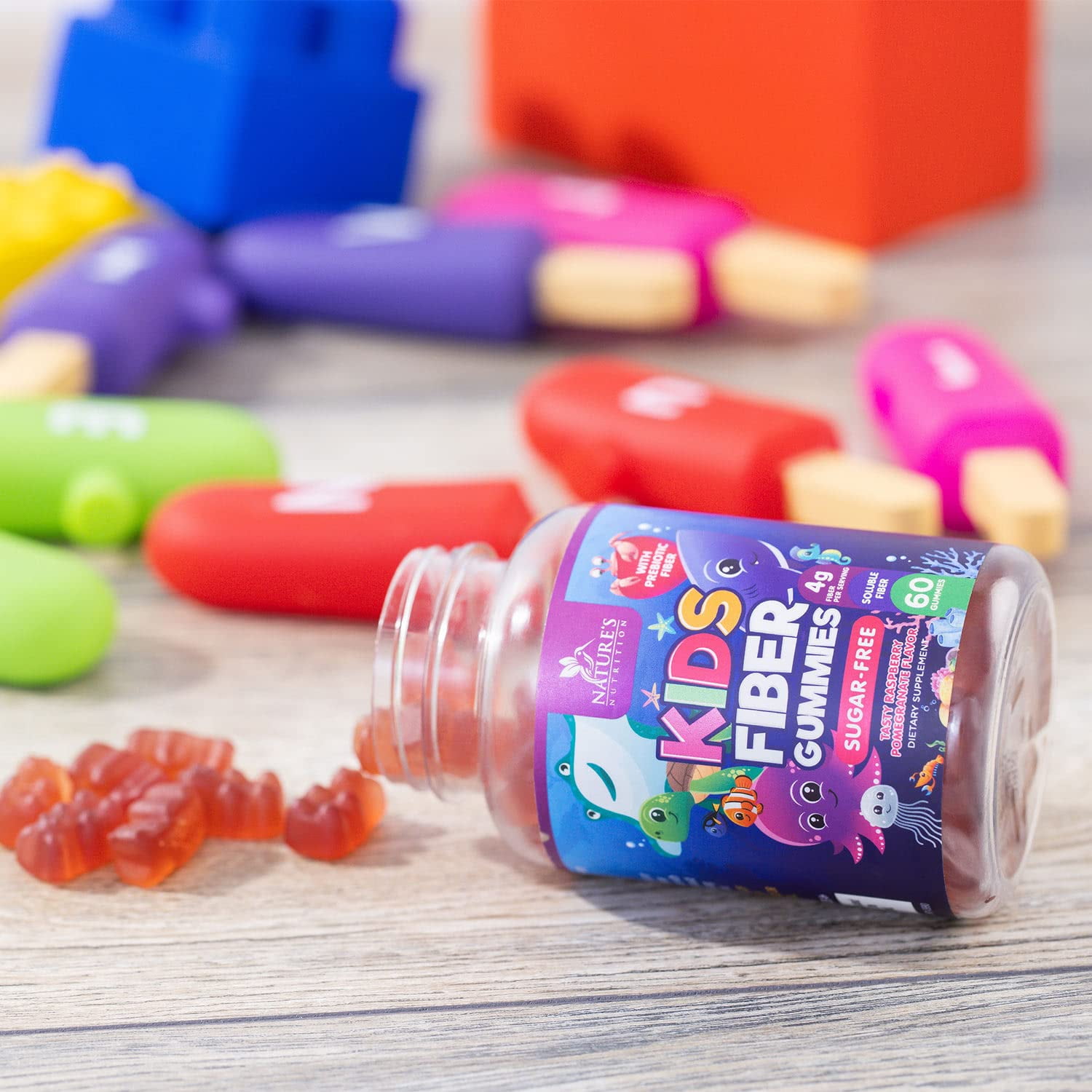 Nature's Nutrition Vegan Raspberry Kids Fiber Gummies with Prebiotic Plant-Based Blend - 60 Gummies