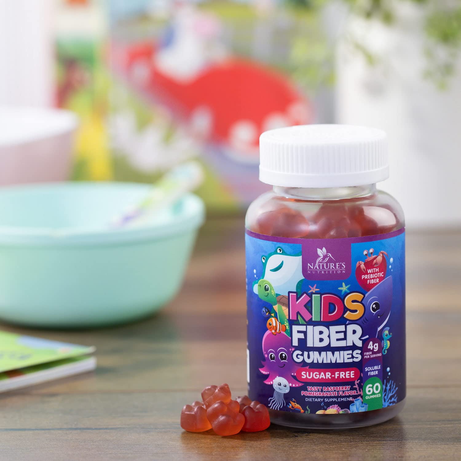 Nature's Nutrition Vegan Raspberry Kids Fiber Gummies with Prebiotic Plant-Based Blend - 60 Gummies