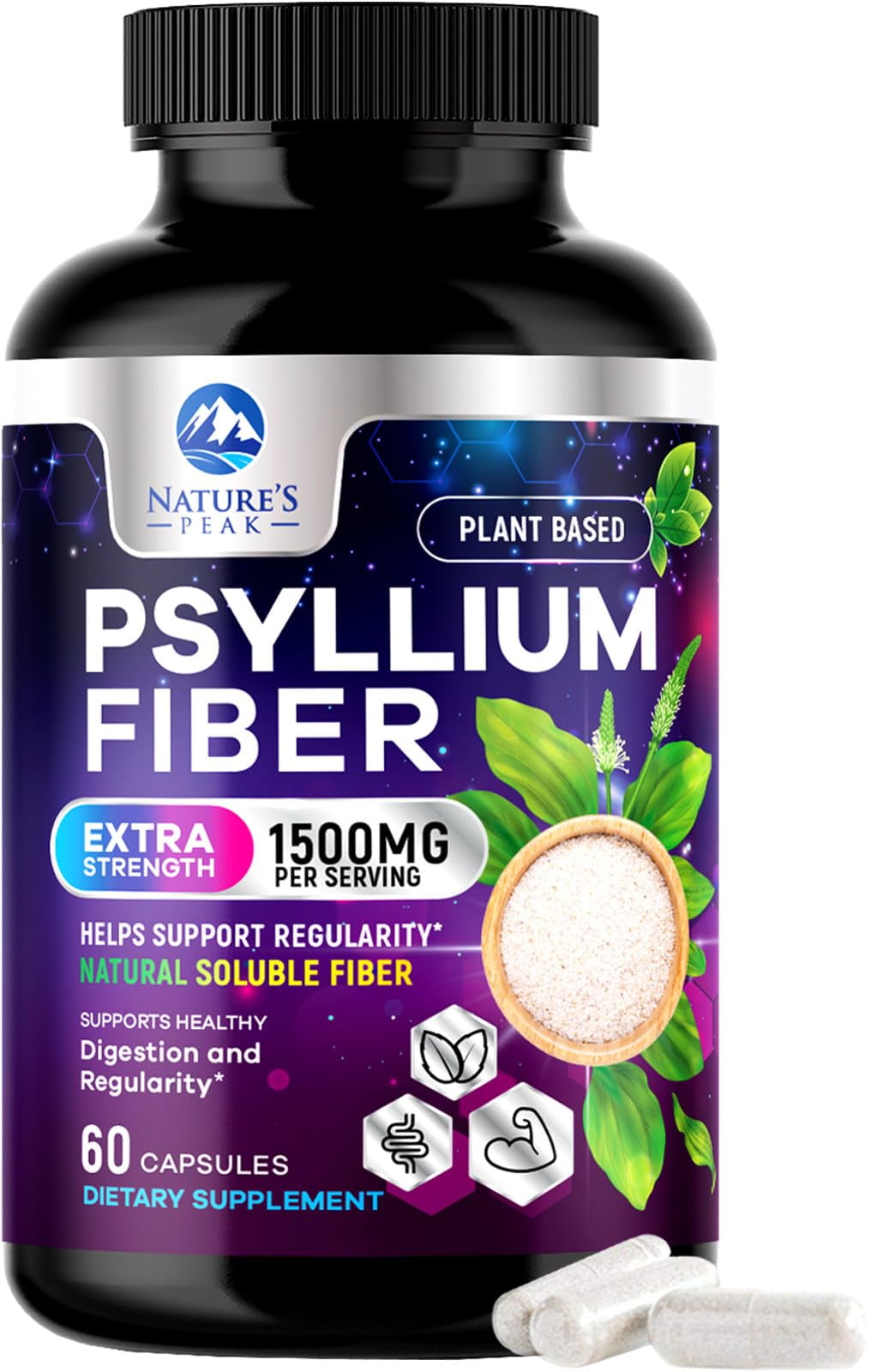 Nature's Peak 1500mg Psyllium Husk Capsules - Vegan Fiber Supplement for Digestive Health - Non-GMO, Sugar-Free - 60ct