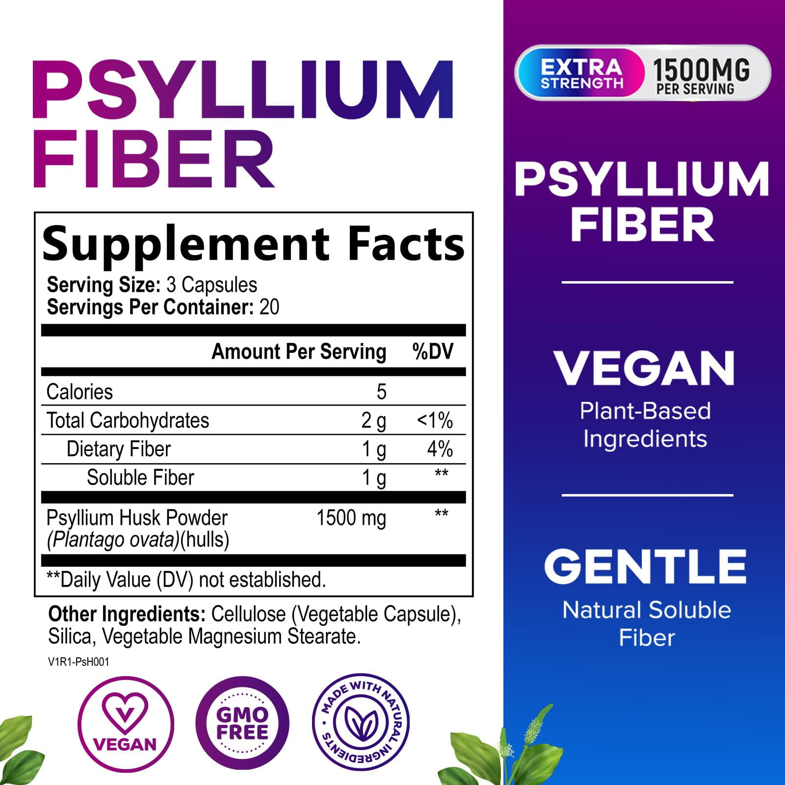 Nature's Peak 1500mg Psyllium Husk Capsules - Vegan Fiber Supplement for Digestive Health - Non-GMO, Sugar-Free - 60ct