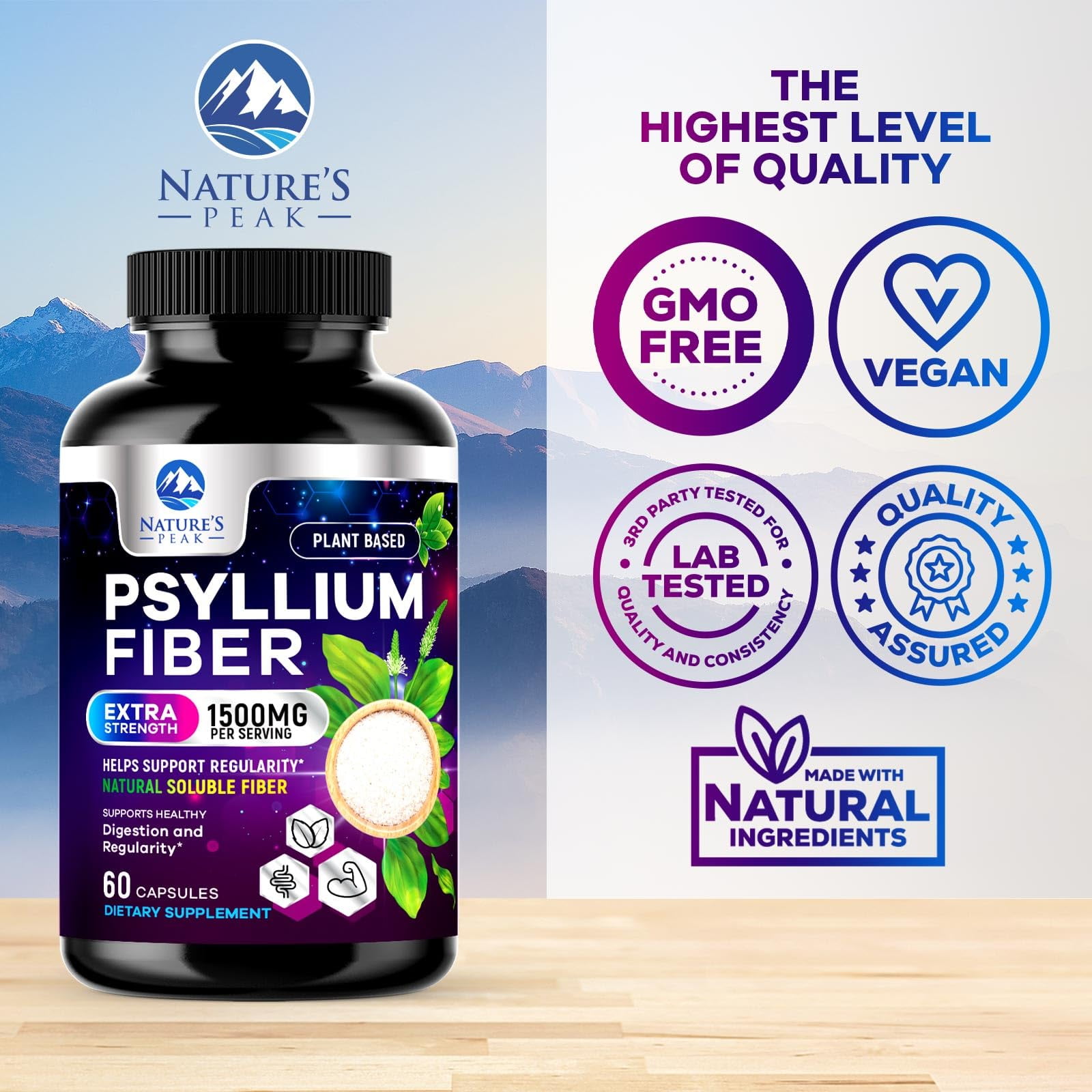 Nature's Peak 1500mg Psyllium Husk Capsules - Vegan Fiber Supplement for Digestive Health - Non-GMO, Sugar-Free - 60ct