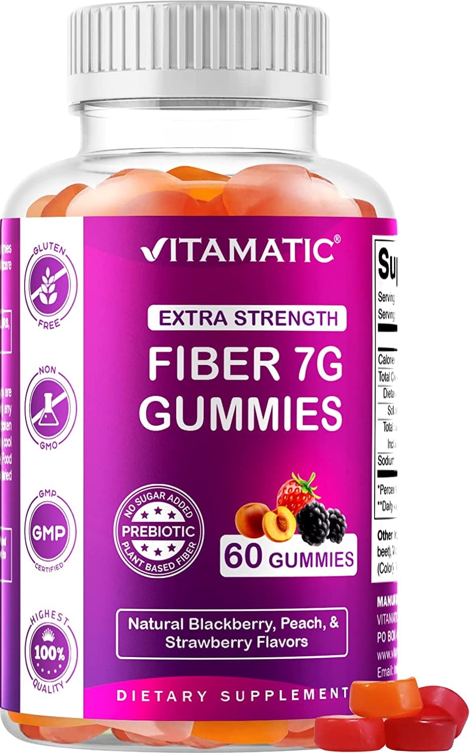 VitamaticUSA Prebiotic Fiber Gummies for Adults - 7g Extra Strength - 60 Pectin Gummies