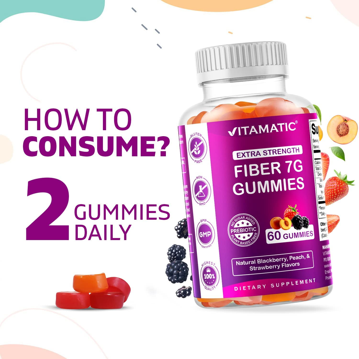 VitamaticUSA Prebiotic Fiber Gummies for Adults - 7g Extra Strength - 60 Pectin Gummies