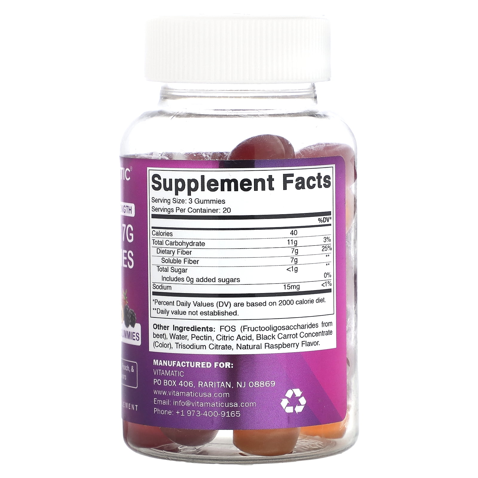 VitamaticUSA Prebiotic Fiber Gummies for Adults - 7g Extra Strength - 60 Pectin Gummies