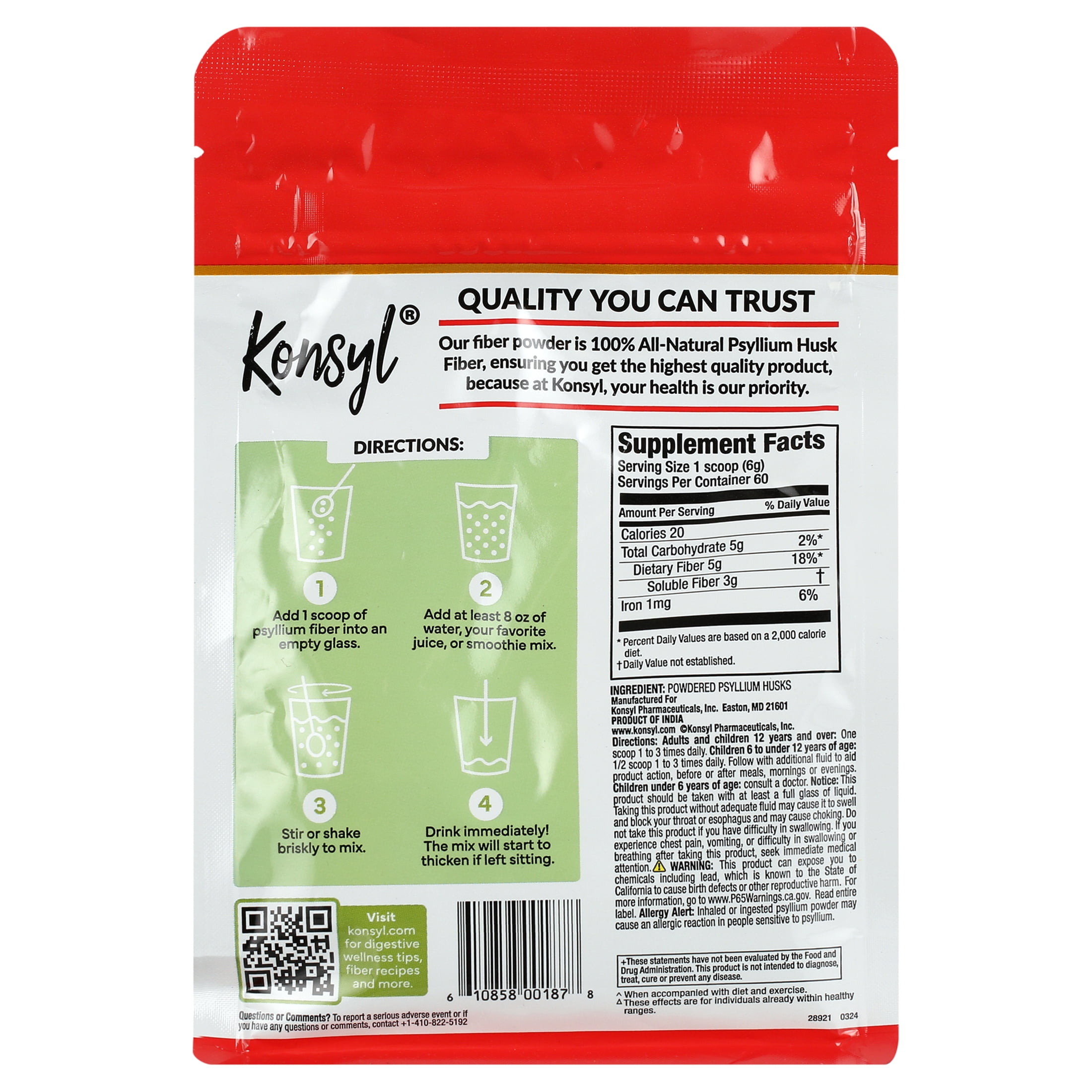 Konsyl Daily Psyllium Fiber Supplement - 100% Natural, 5g Fiber, 60 Servings - 12.7 oz