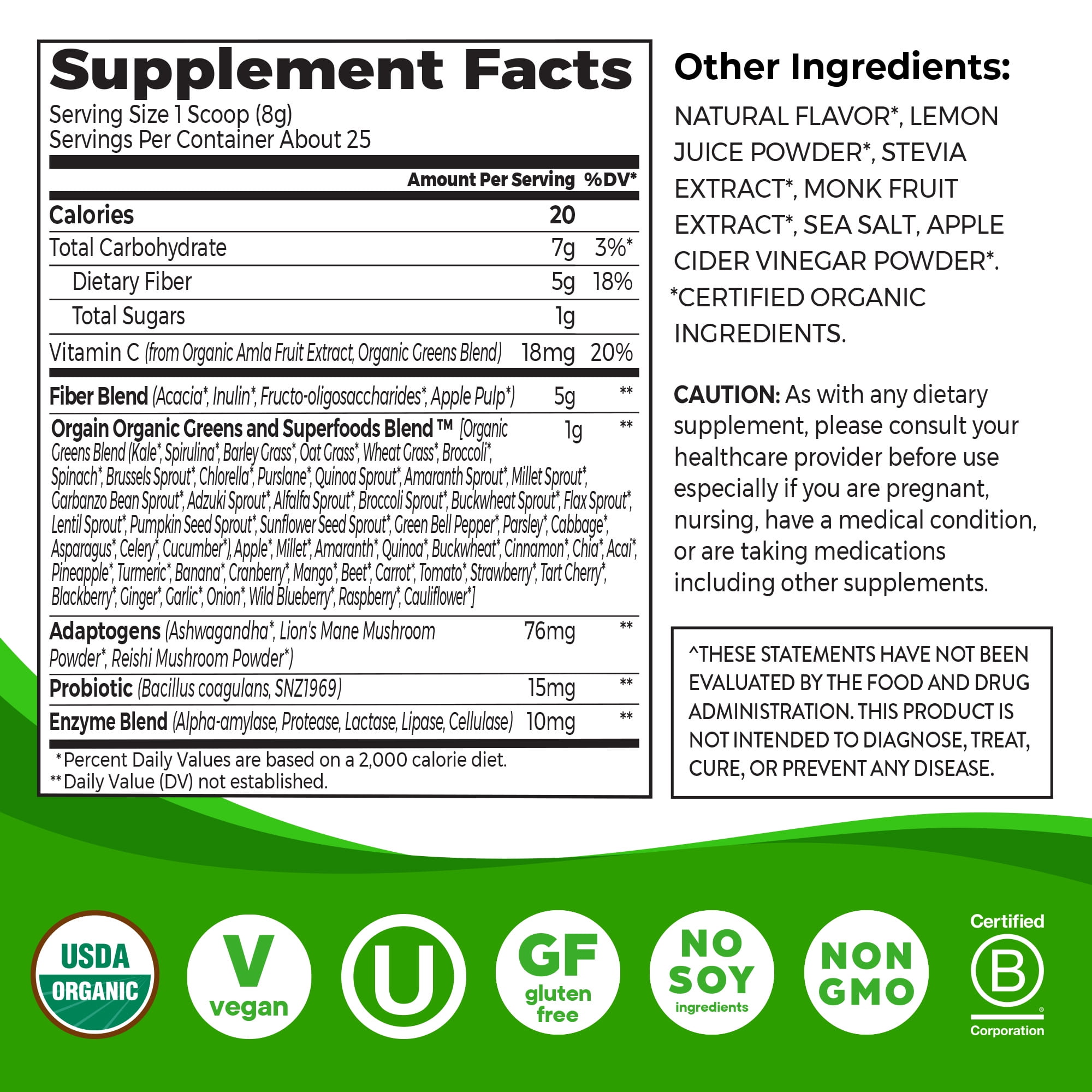 Orgain Vegan Organic Daily Fiber & Greens Superfoods Powder, Orange Mango - 0.44lb