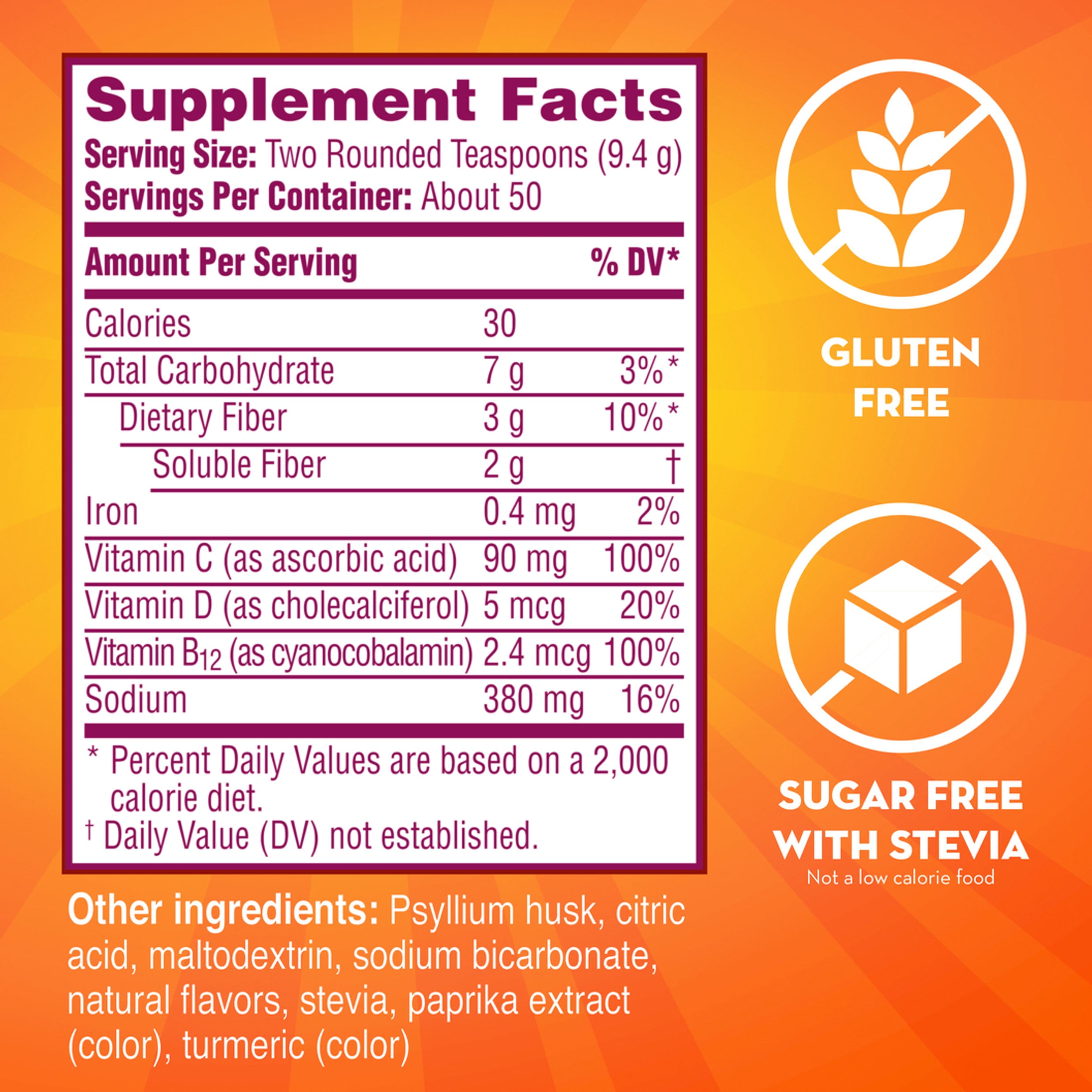 Metamucil Fiber Powder with Vitamins B12 - Citrus Flavor, 50 Servings